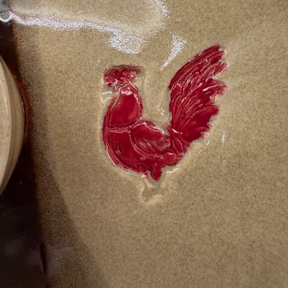 Old Julian Connie Black Red Rooster Chip and Dip Pottery Plate - Picture 3 of 7